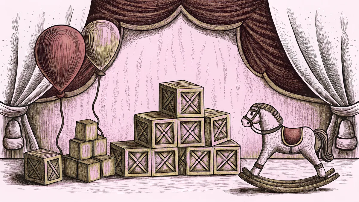 Wooden blocks and a carousel horse sit among floating balloons on a bright floor.