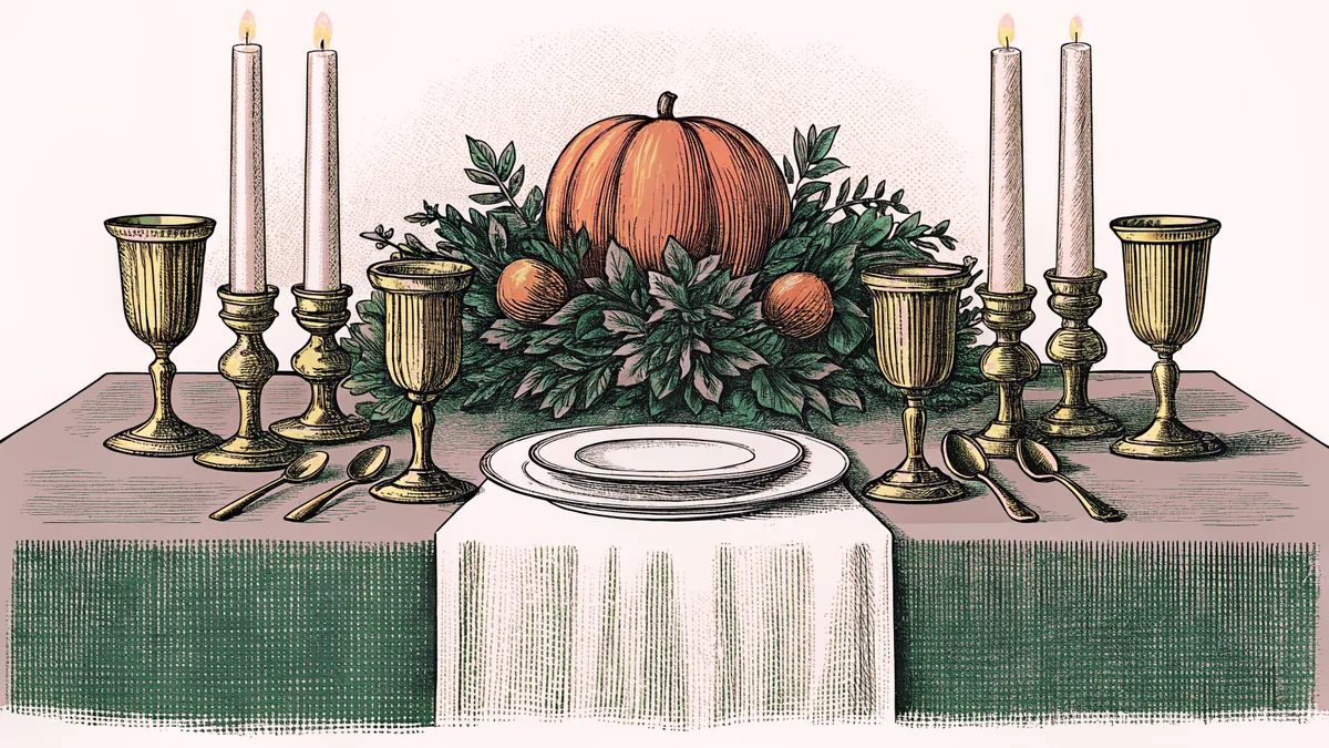 A formal table gleams with candles, fine china, silverware, and folded linens.