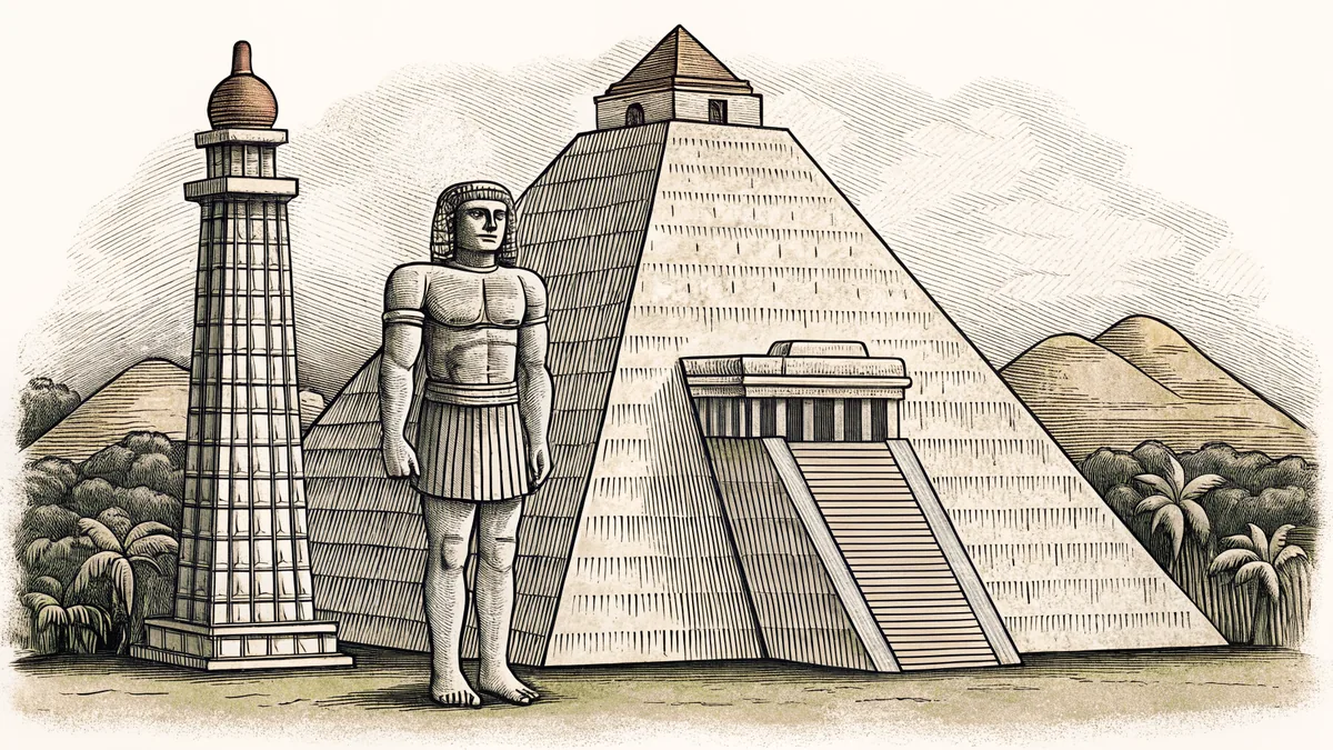 Massive stone pyramid standing beside a towering statue and ancient lighthouse overlooking a grand temple.