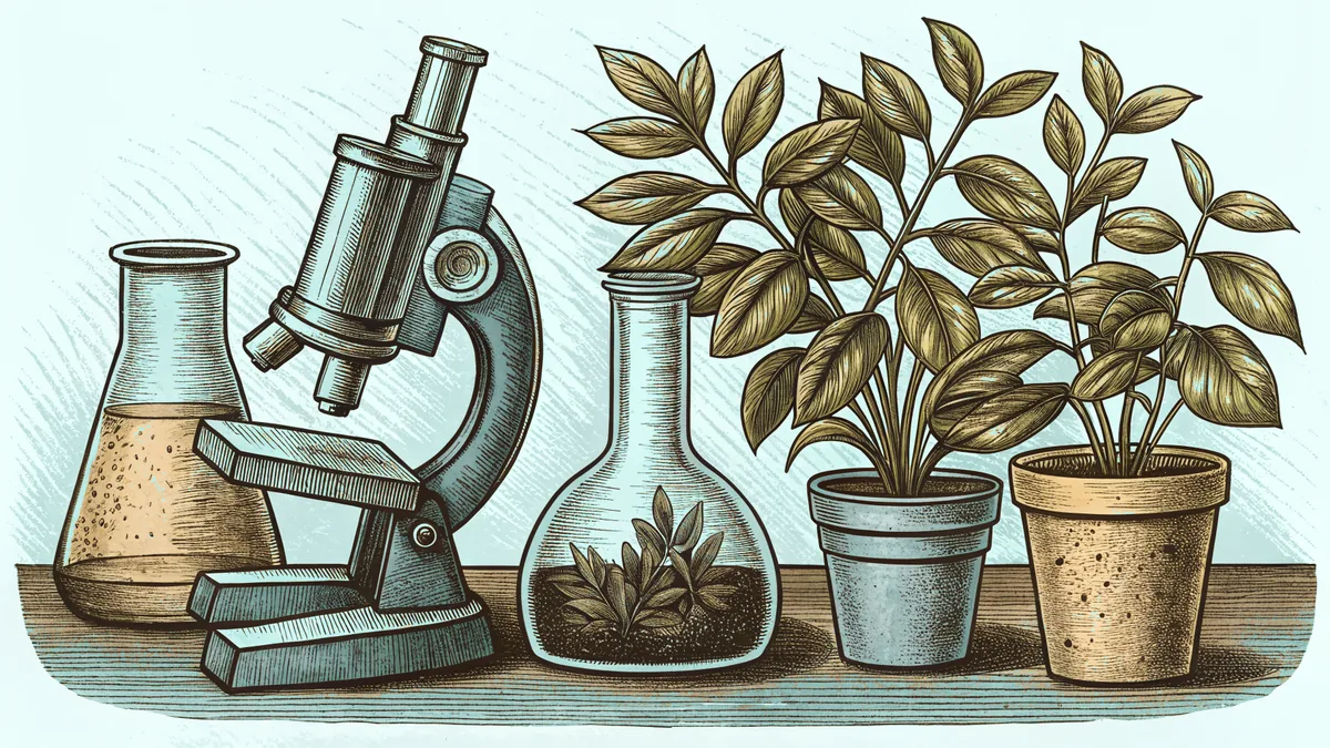 A microscope, a beaker, and a small potted plant arranged on a classroom lab table.