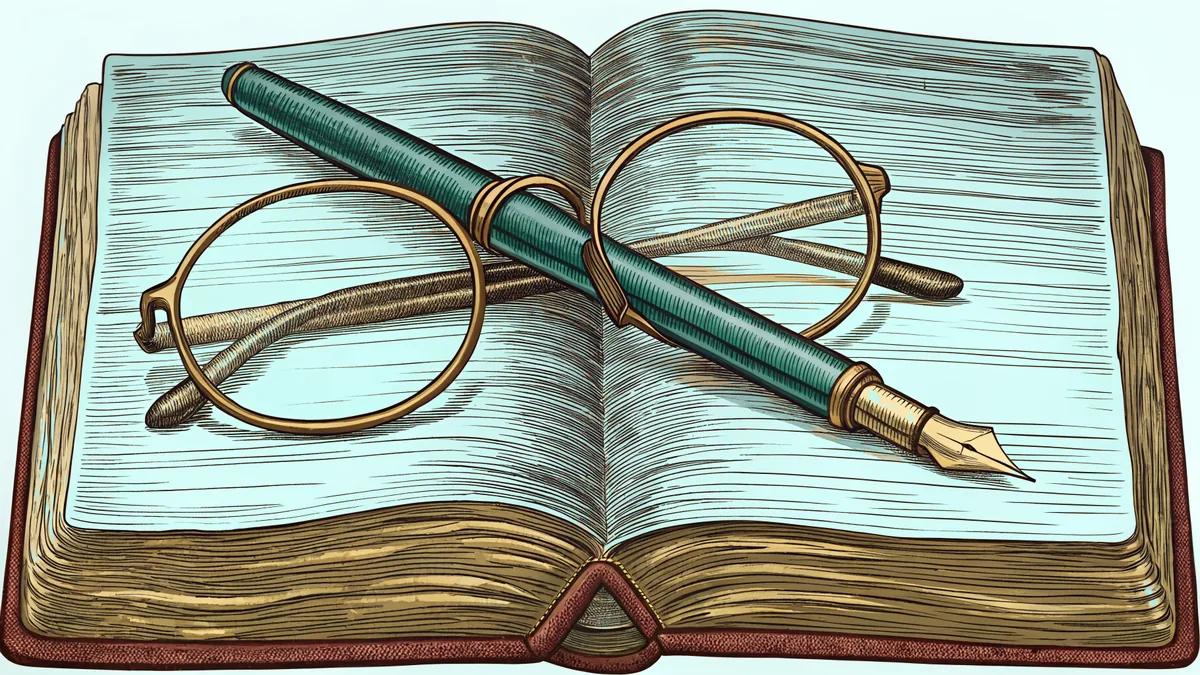 A fountain pen lying across a folded pair of reading spectacles on an open book.