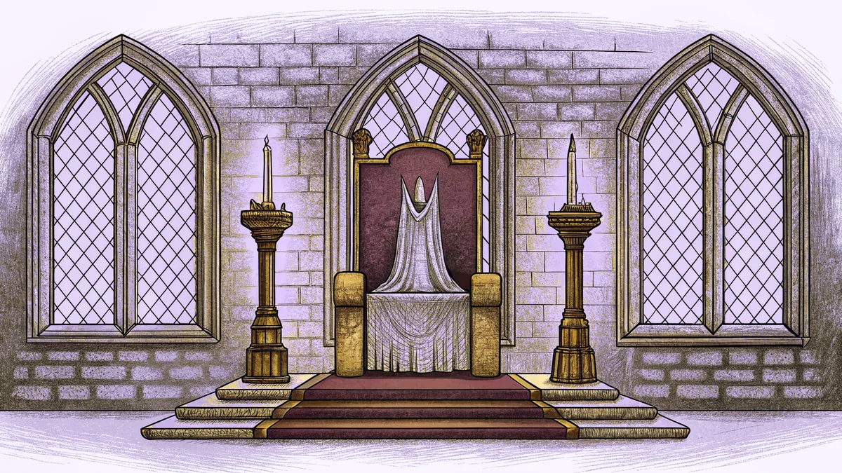 A ghostly apparition hovers above a stone throne in a candlelit medieval castle hall.