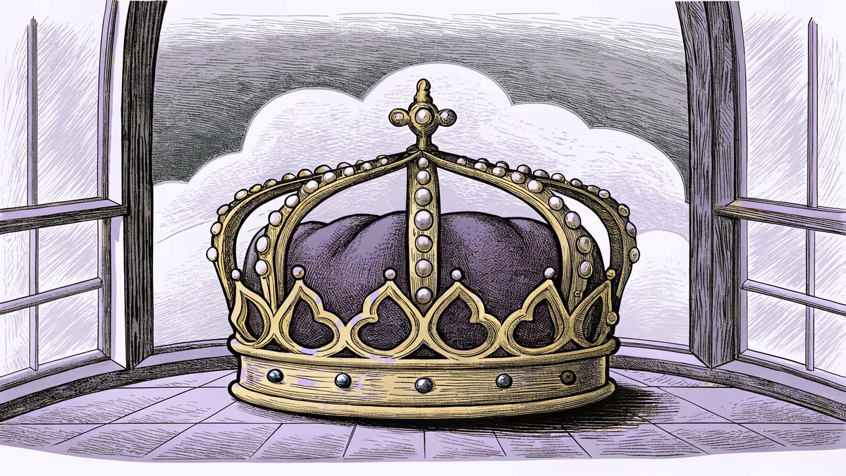 A jeweled crown rests on cold stone in a castle chamber as storm clouds loom beyond an arched window.