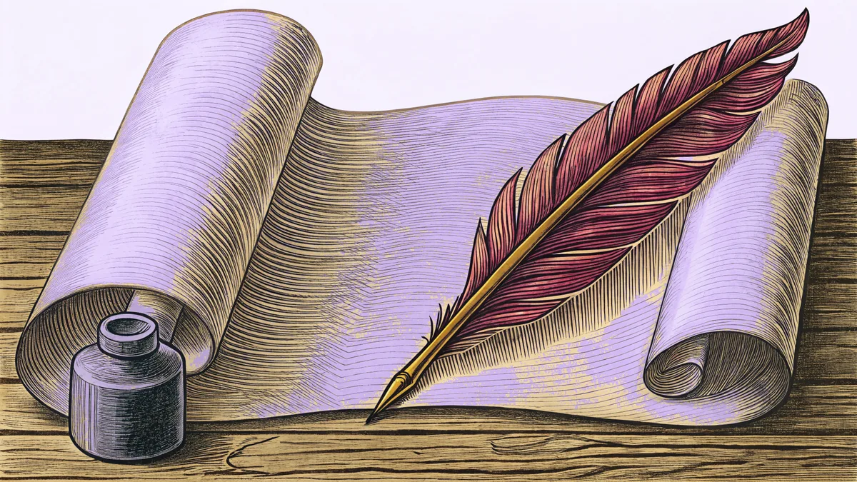 A quill pen and inkwell rest beside blank parchment on an ancient candlelit writing desk.