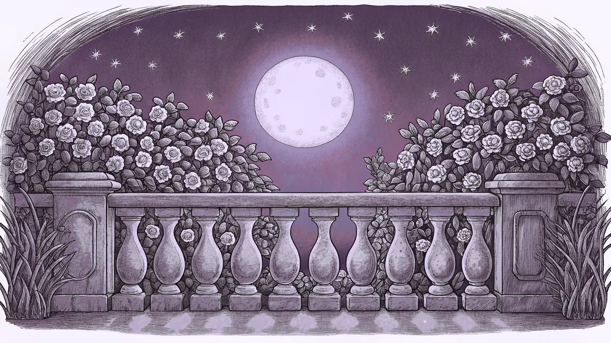 A stone balcony overlooks a moonlit garden with climbing roses beneath a starry night sky.