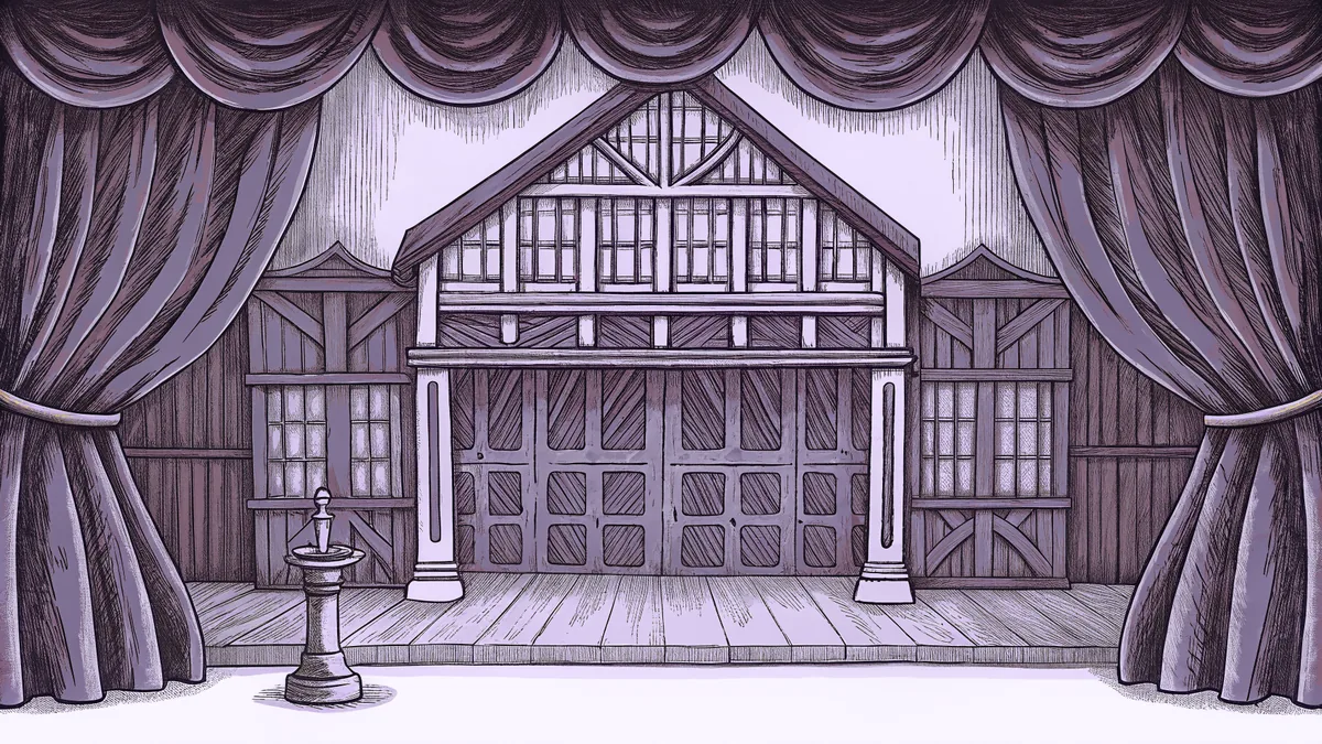 An Elizabethan playhouse stage framed by wooden beams and rich crimson curtains.