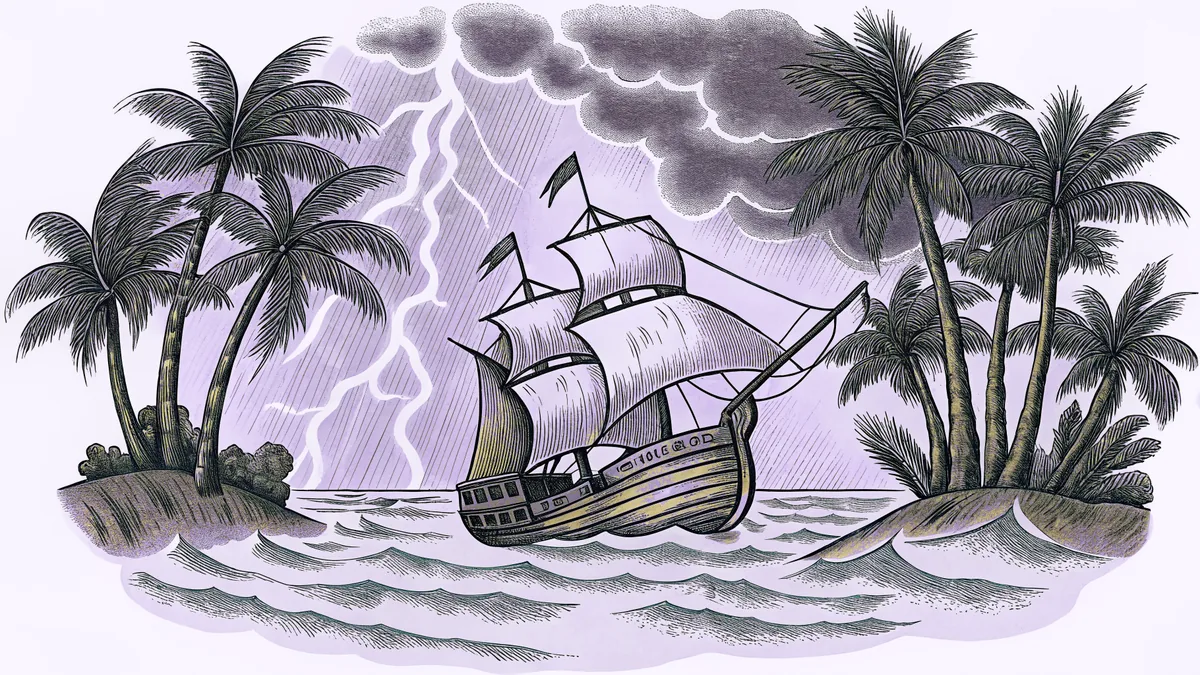 A sailing ship tosses on stormy waves near a tropical island beneath flashing lightning.