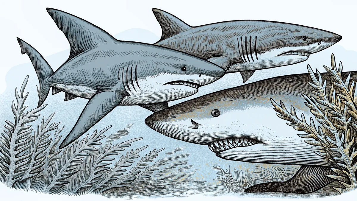 Diverse shark species including great white, hammerhead, and gentle whale shark.