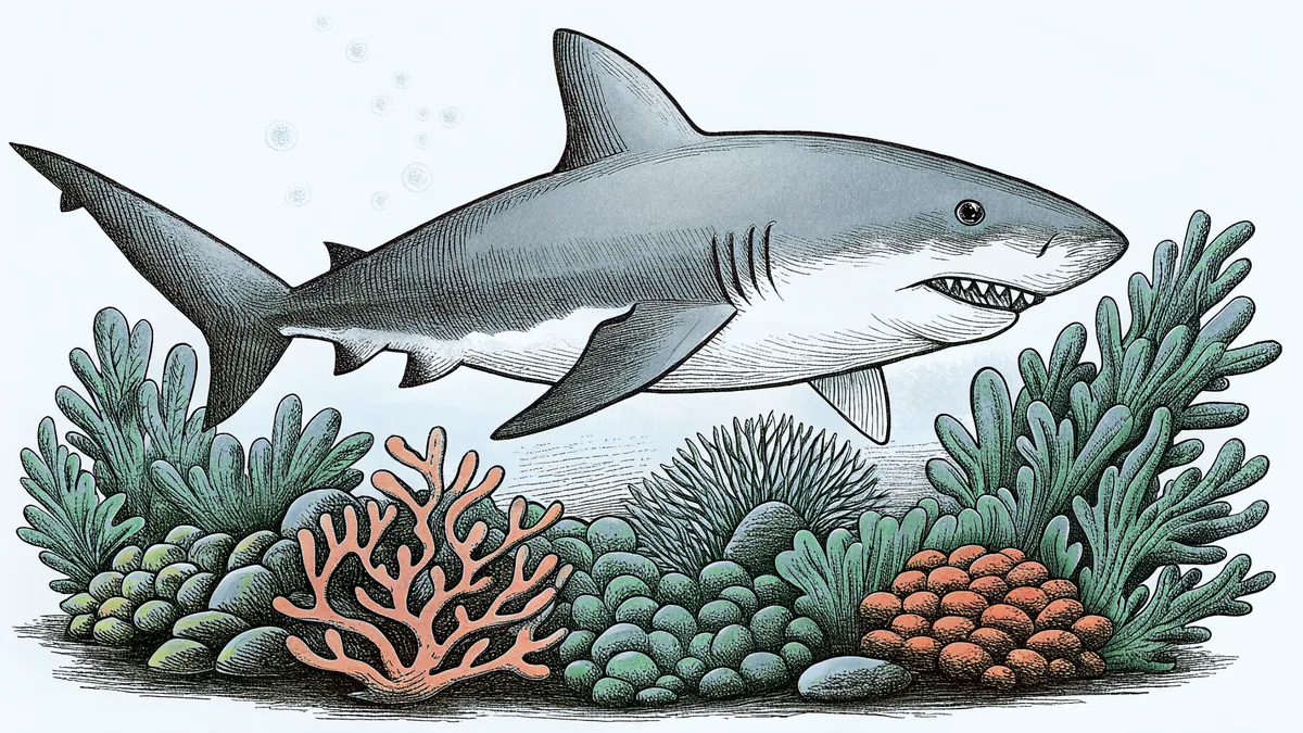 A sleek shark with extended fins glides above a colorful coral reef.
