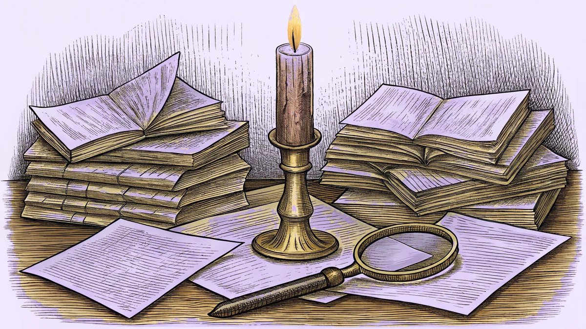 A candlelit Victorian study holds scattered case files and a magnifying glass.