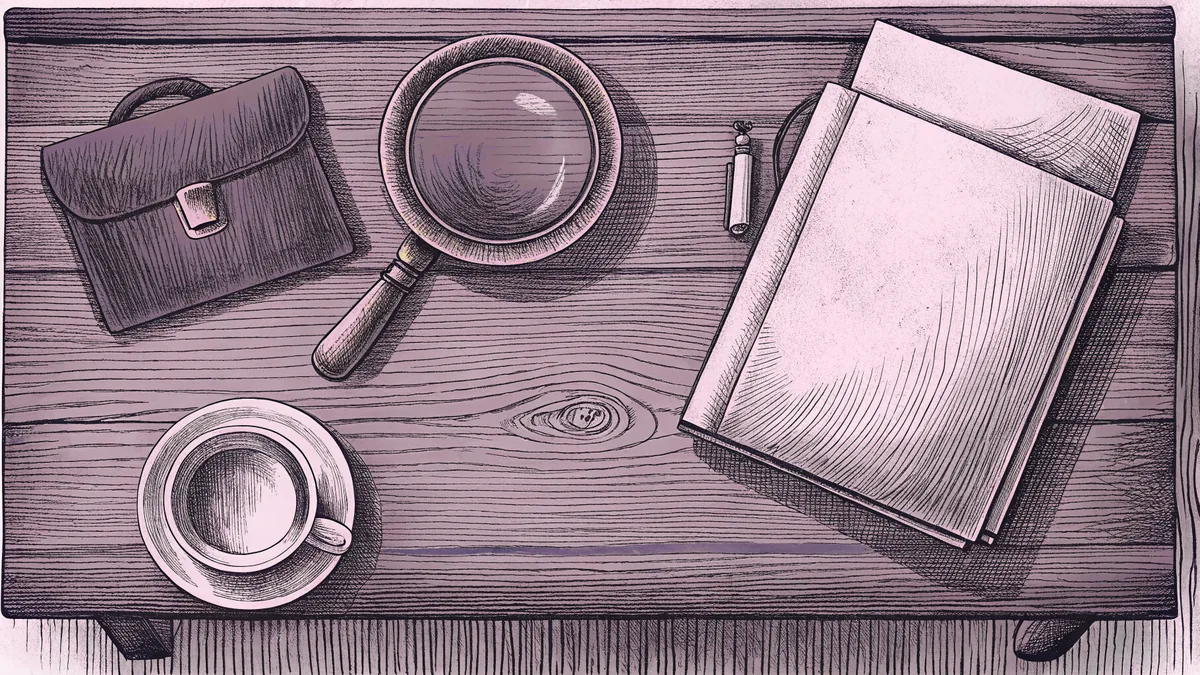 A magnifying glass and papers lie on a polished desk with a steaming teacup nearby.