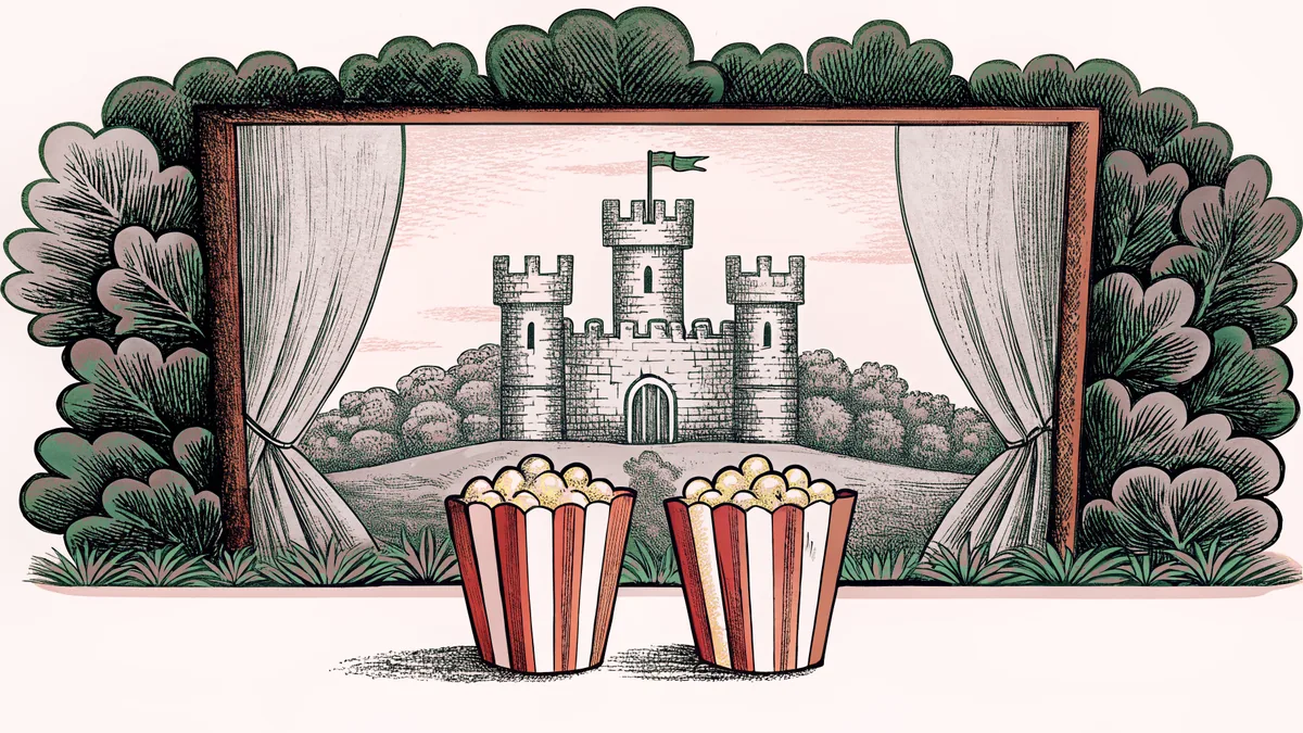 A castle silhouette without heraldic markings appears on a projection screen above stacked popcorn containers.