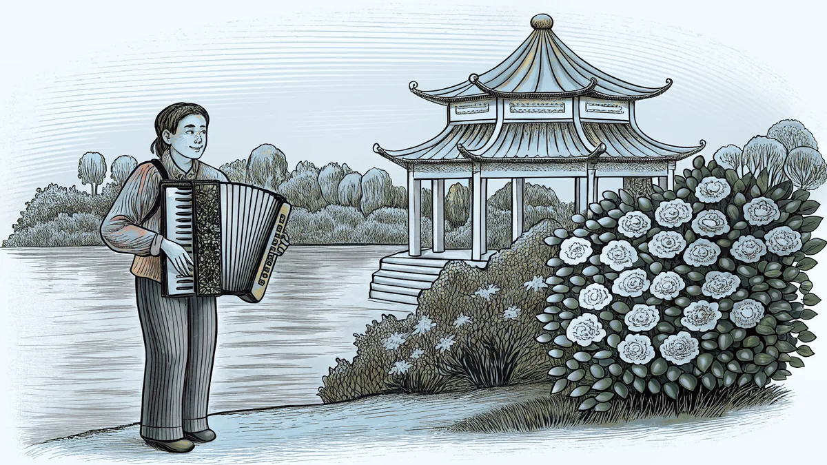 An accordion musician plays near Asian-inspired gardens with flowering roses by a peaceful lake