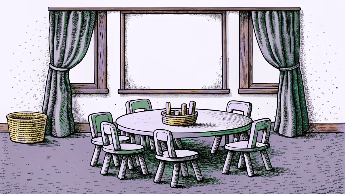 A primary classroom with a low round table, small chairs and a basket of wooden blocks by the window.