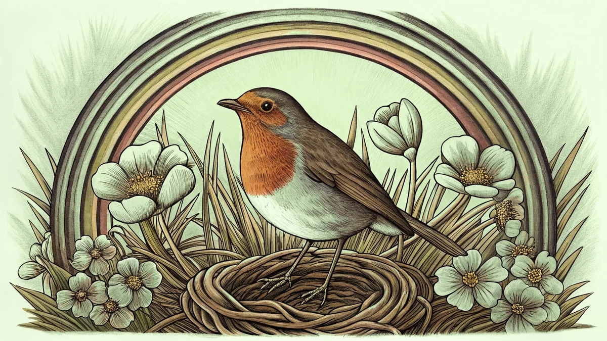 Robin on nest amid spring flowers and fresh green shoots with rainbow in sky