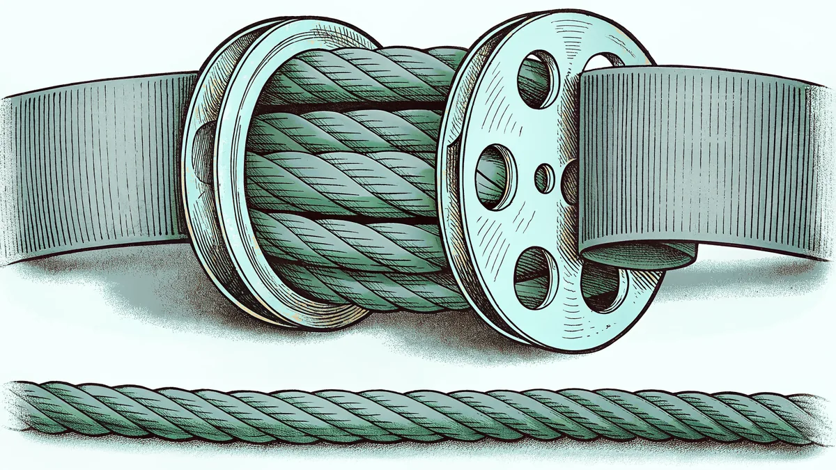 A wooden pulley wheel with a length of rope running over it.