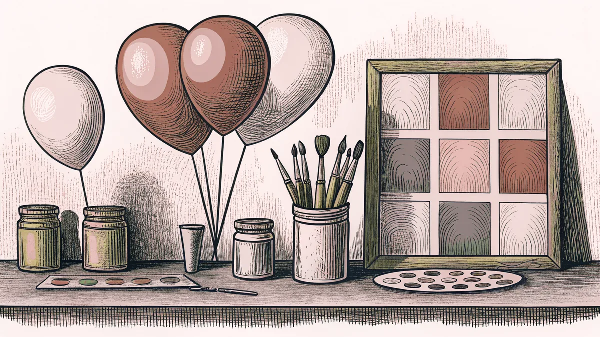 Bright paint pots, brushes in a ceramic holder, and helium balloons sit together on a bright artist's workbench.