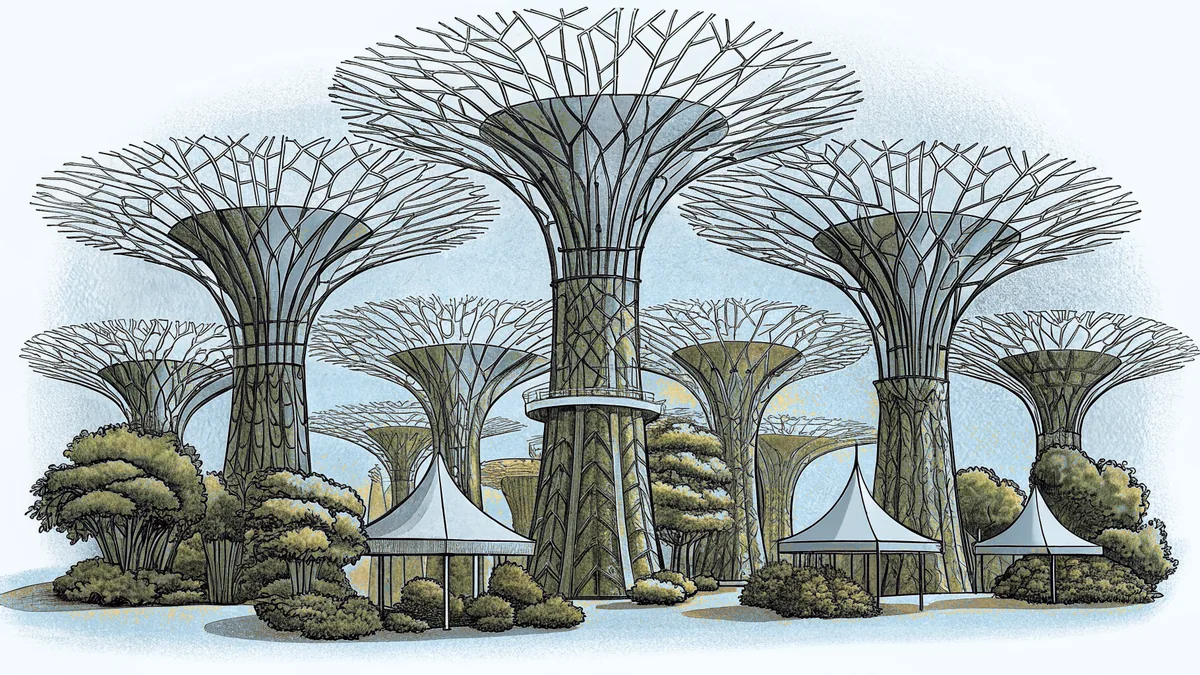 Futuristic Supertree structures dominate Marina Bay while street vendors sell local cuisine