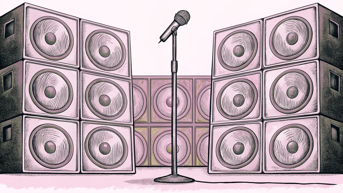 A silver microphone stands on stage beside tall concert speakers with a bright spotlight shining down.