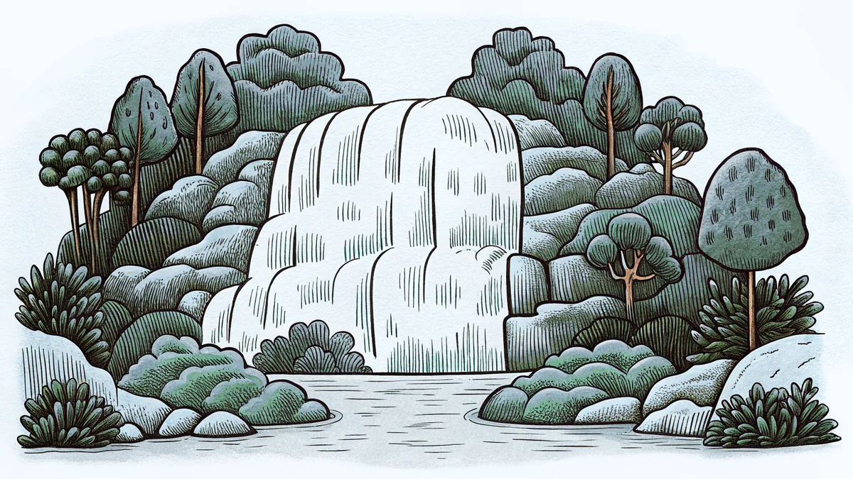 A scenic waterfall surrounded by blooming flowers and butterfly silhouettes.