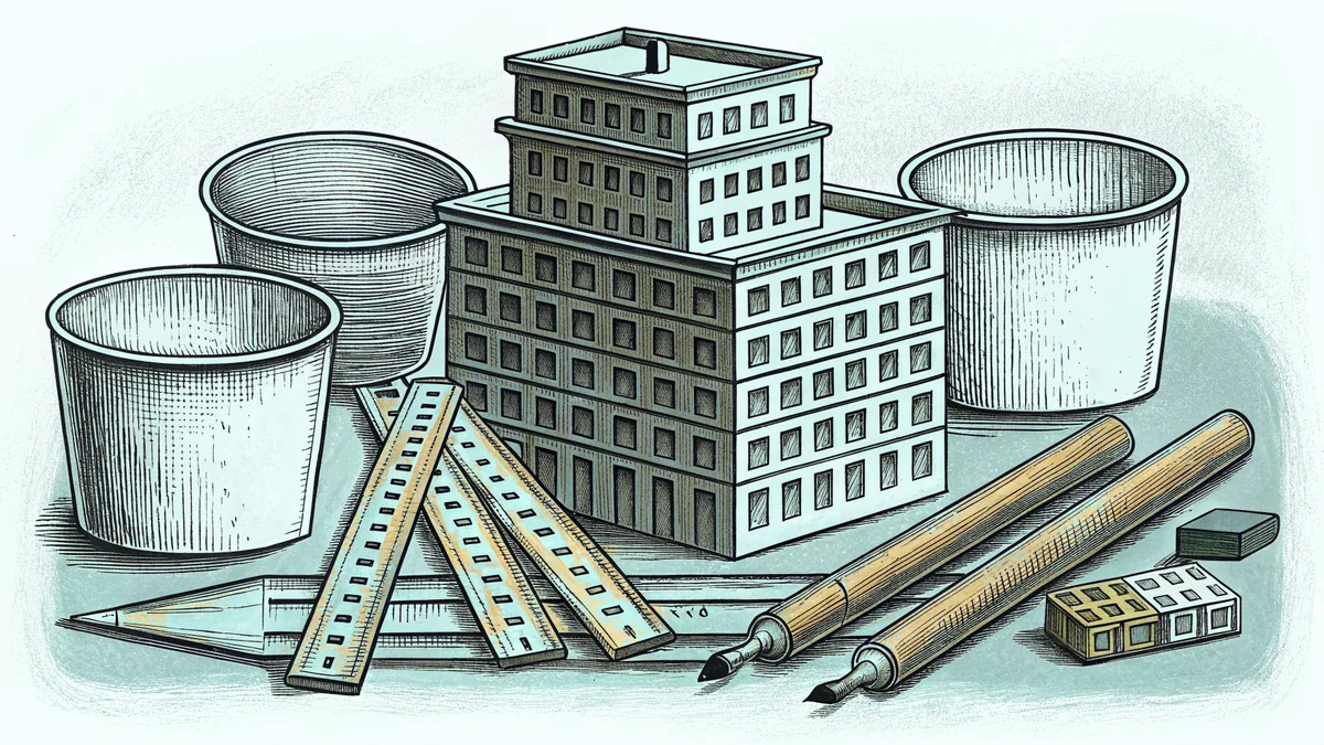 Measuring cups, rulers, and counting blocks illustrate sixth-grade mathematics vocabulary.