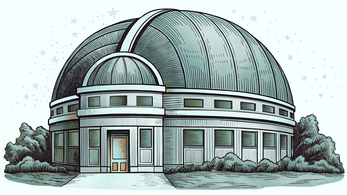A telescope tilts skyward from an observatory dome under a wide field of stars.