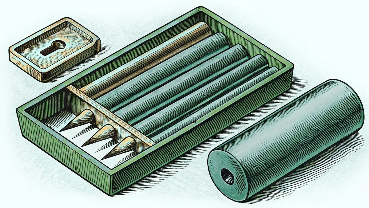 An open wooden case holding sharpened pencils, beside a teal cylindrical holder.