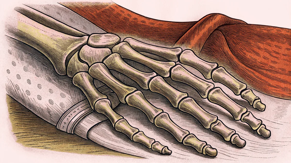 An articulated model of the bones of a hand resting on patterned cloth, with a red drape behind it.