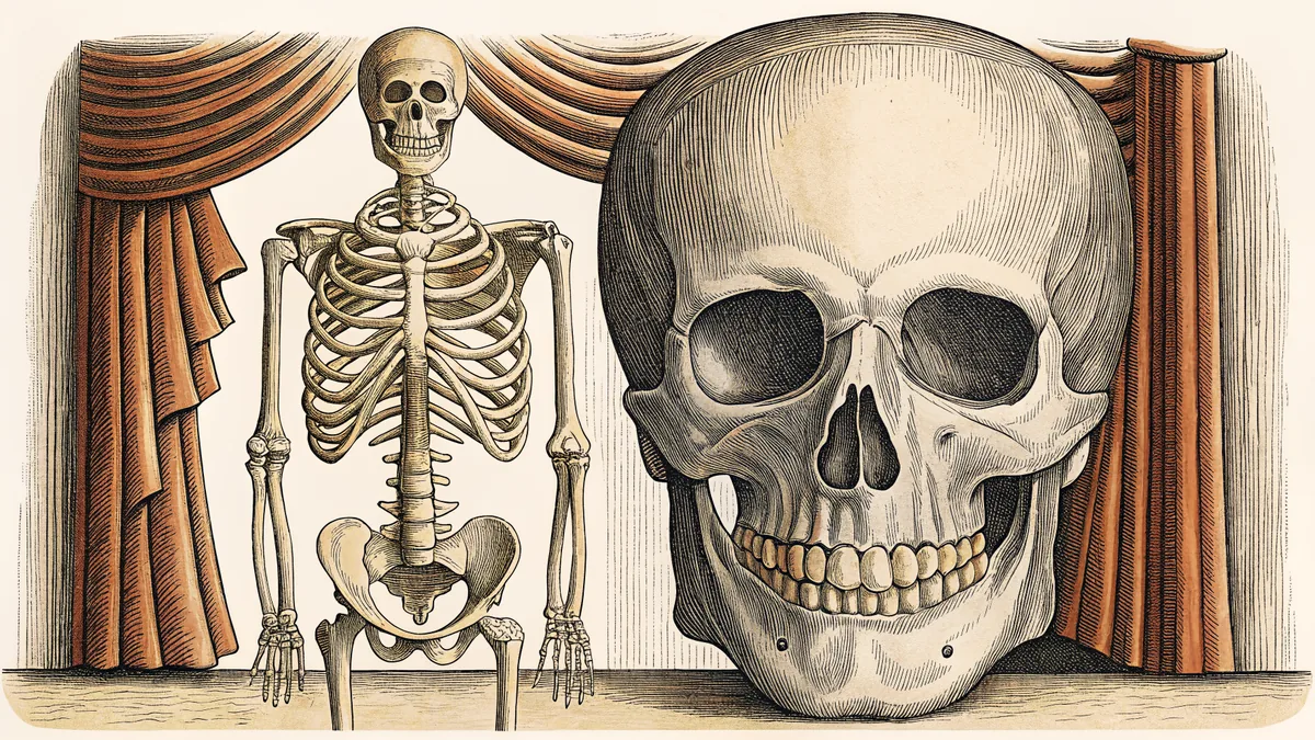 An anatomical skeleton model displaying bones and joints in detail.
