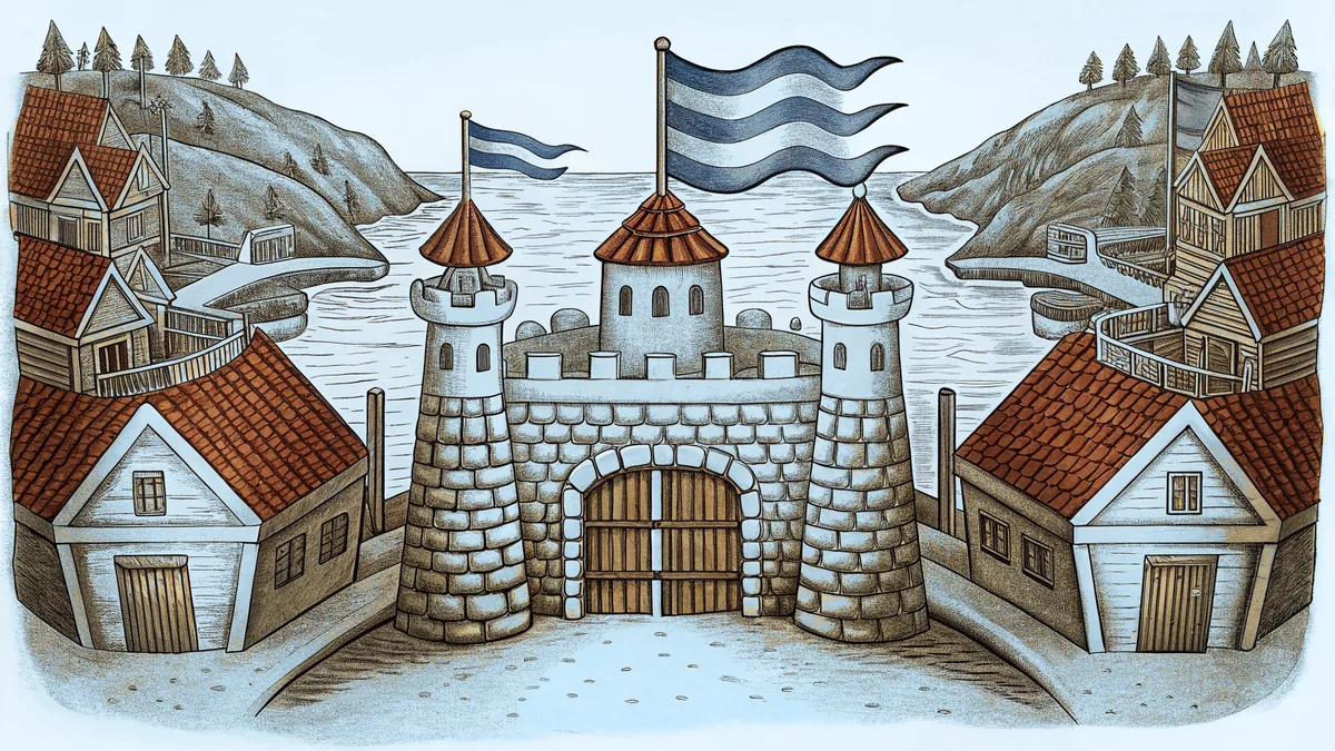 A miniature nation's fortress and flag above a picturesque coastal harbor town.