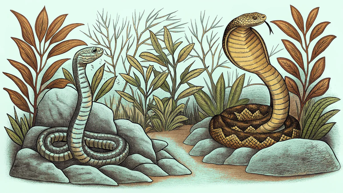 Two large snakes entwined among jungle plants and mossy rocks