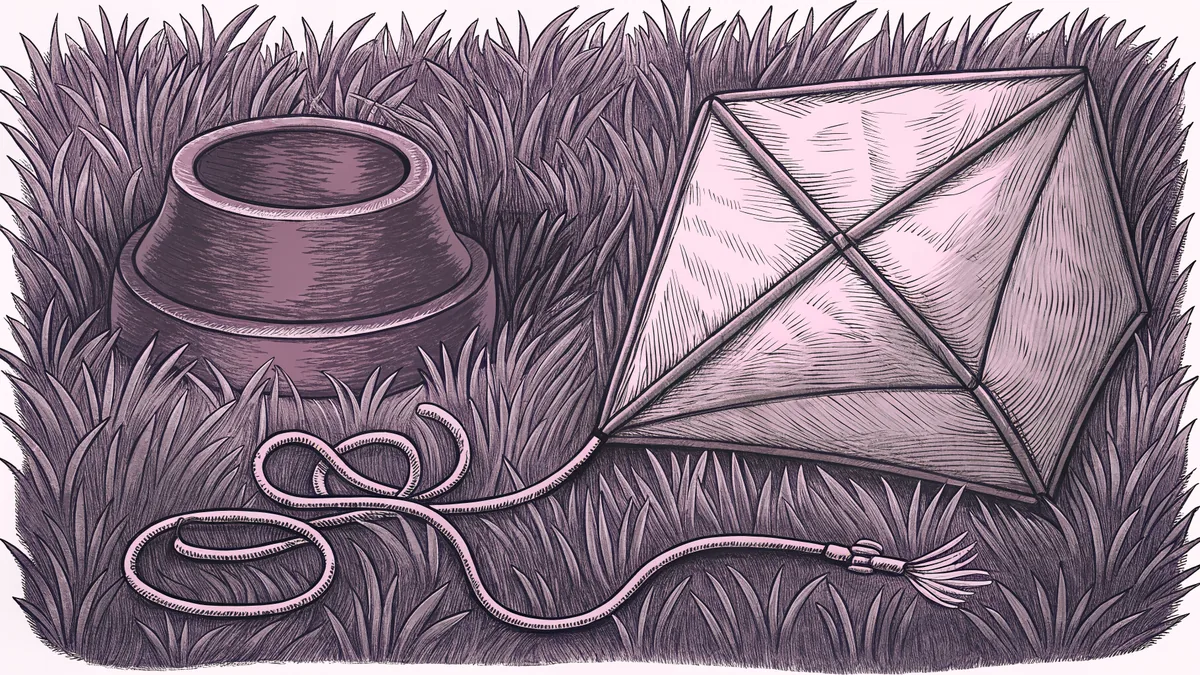 A dog bowl sitting on grass beside a kite wrapped in its own tangled string.