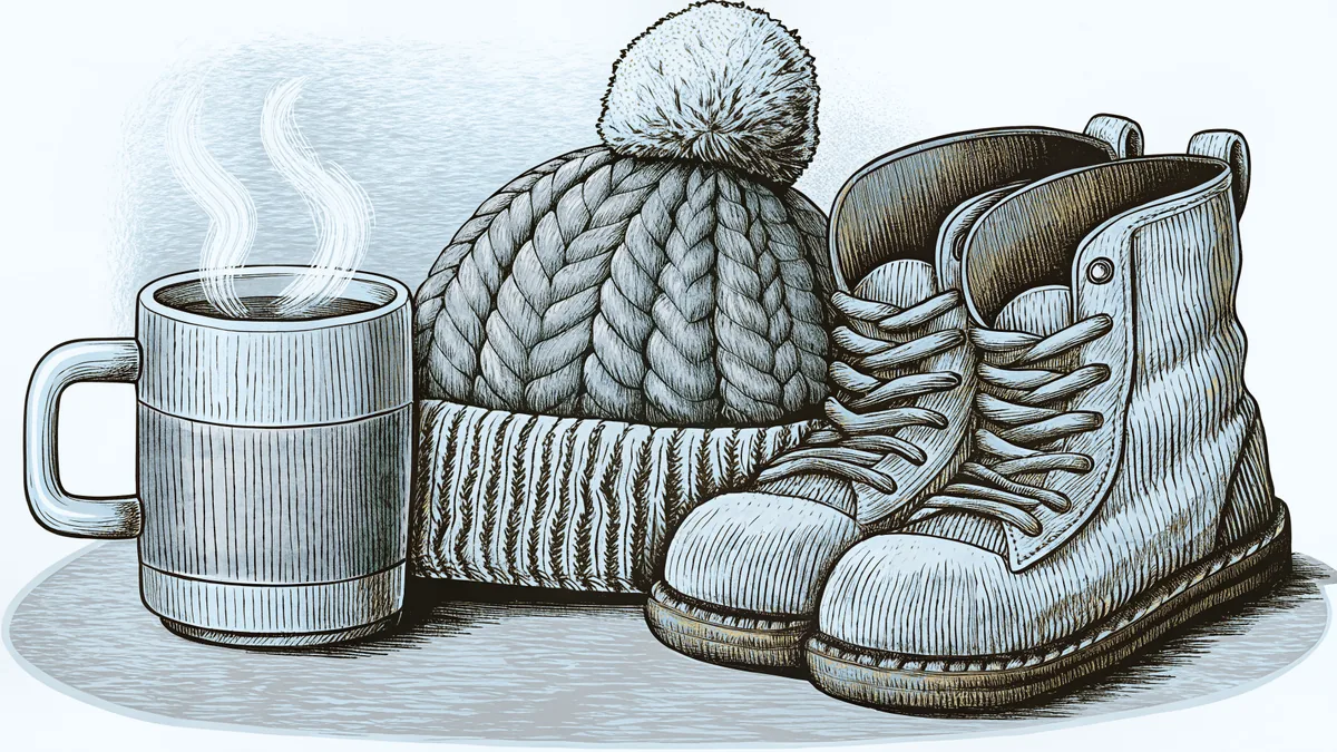 A steaming mug and a knitted woollen hat set beside a pair of chunky snow boots.
