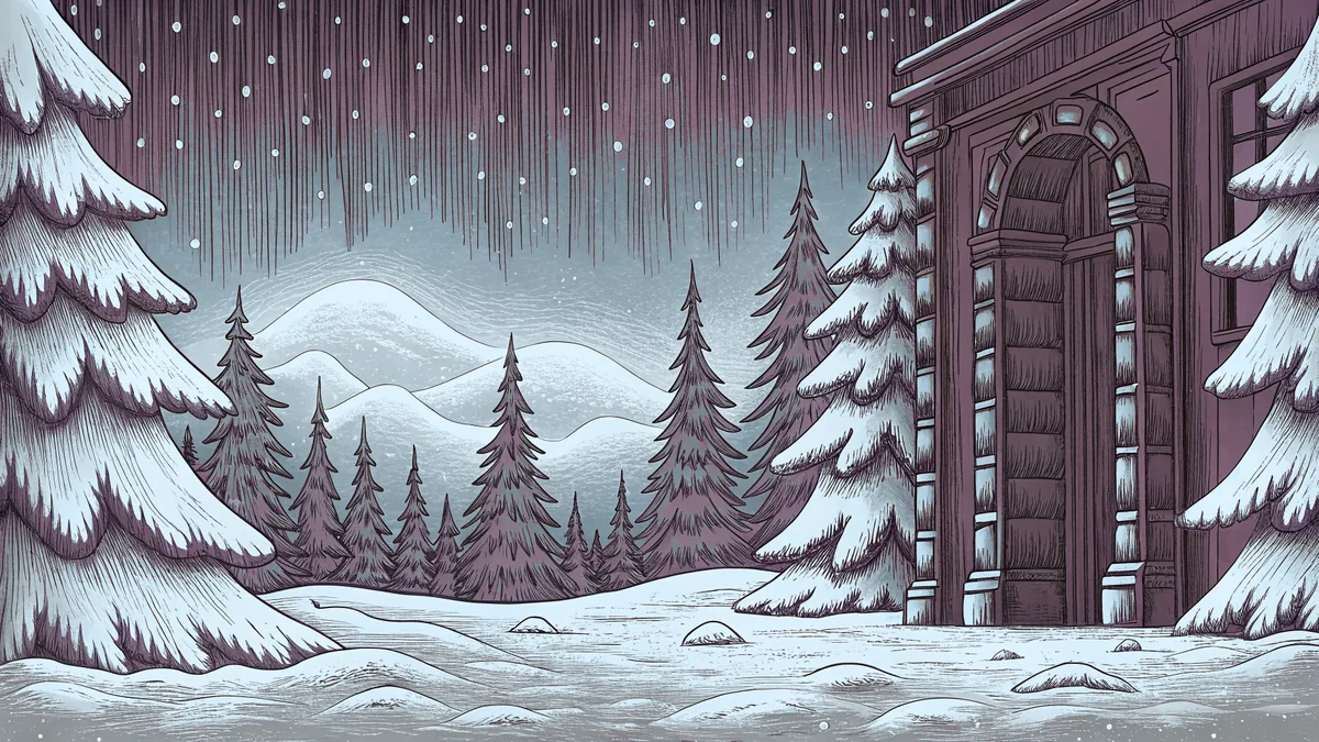 Snow covers mountains and valleys across a silent, frozen winter landscape.