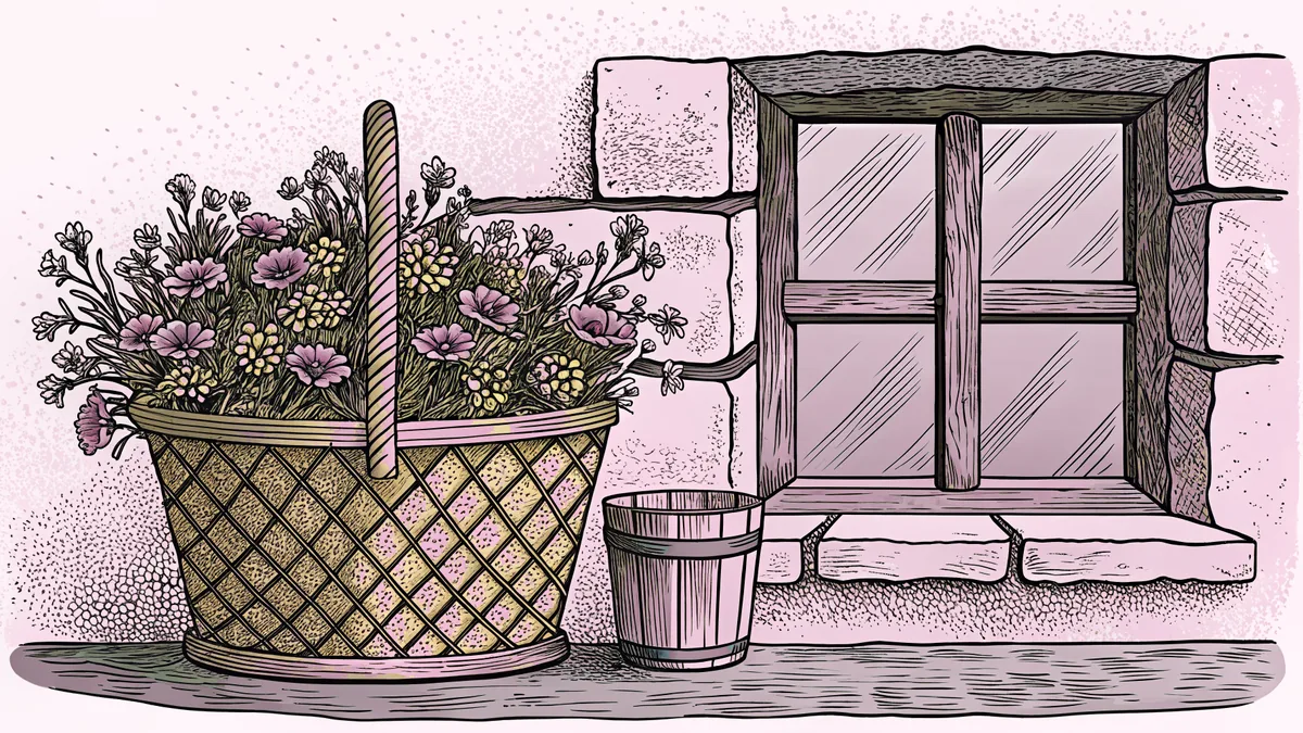 A basket of wildflowers rests beside a wooden pail on a stone cottage windowsill.