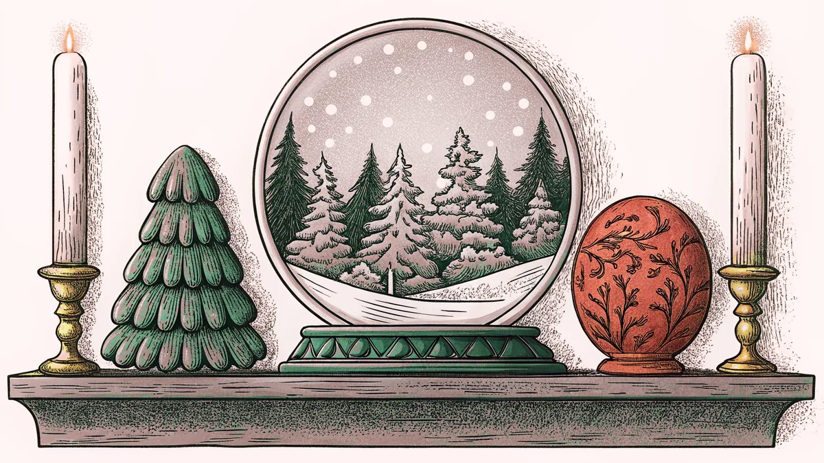 A snow globe and miniature forest figures rest on a shelf in soft candlelight.