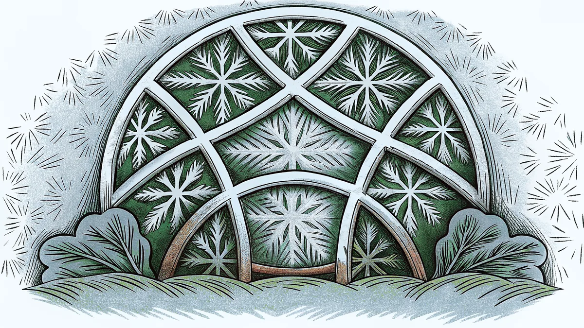 Intricate snowflakes create geometric patterns on a frost-covered window.