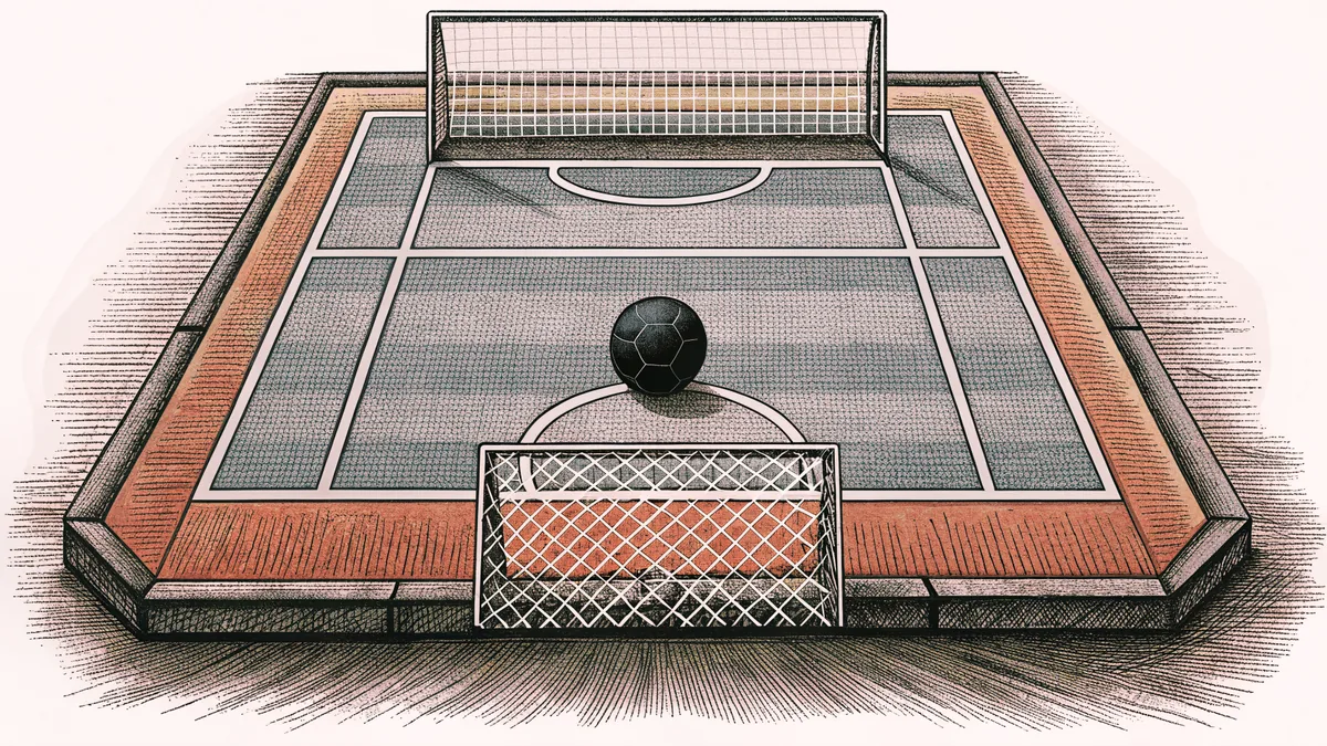 A grass soccer field with goal net and penalty markings.