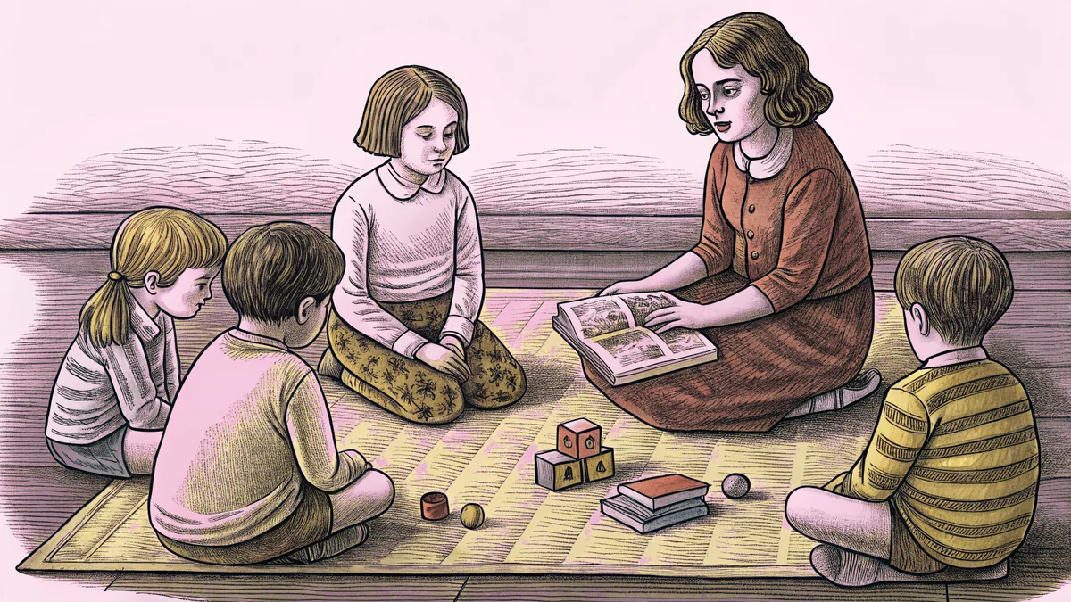 Classroom where two children practice emotional sharing with teacher guidance.