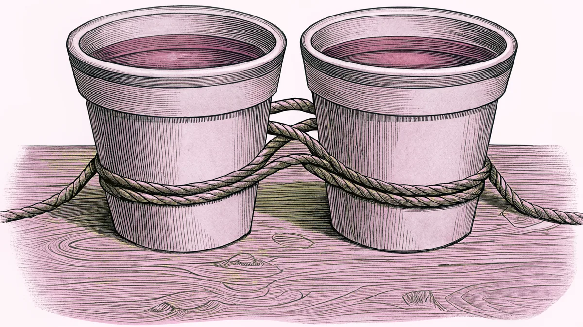 Two paper cups connected by a taut length of string, lying on a wooden table.