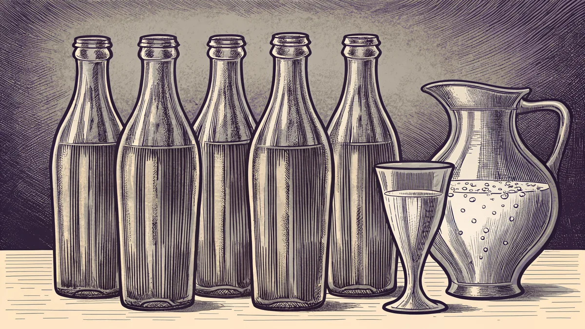 A row of glass cola bottles fizzing beside a syrup jug and a glass of seltzer.