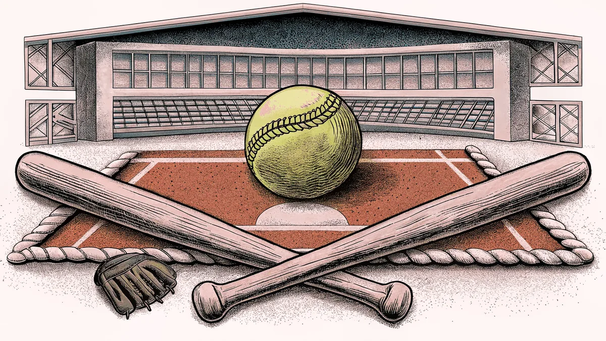 A yellow softball and bat rest on the infield dirt with a leather mitt nearby.