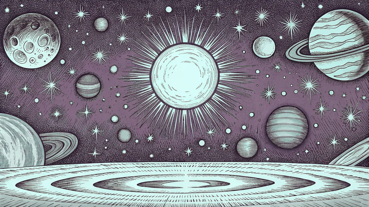 Planets and moons in orbit around the sun.