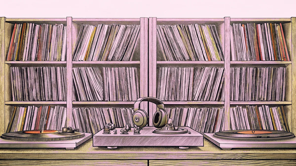 A music production studio with turntables, vinyl records, and professional mixing equipment.