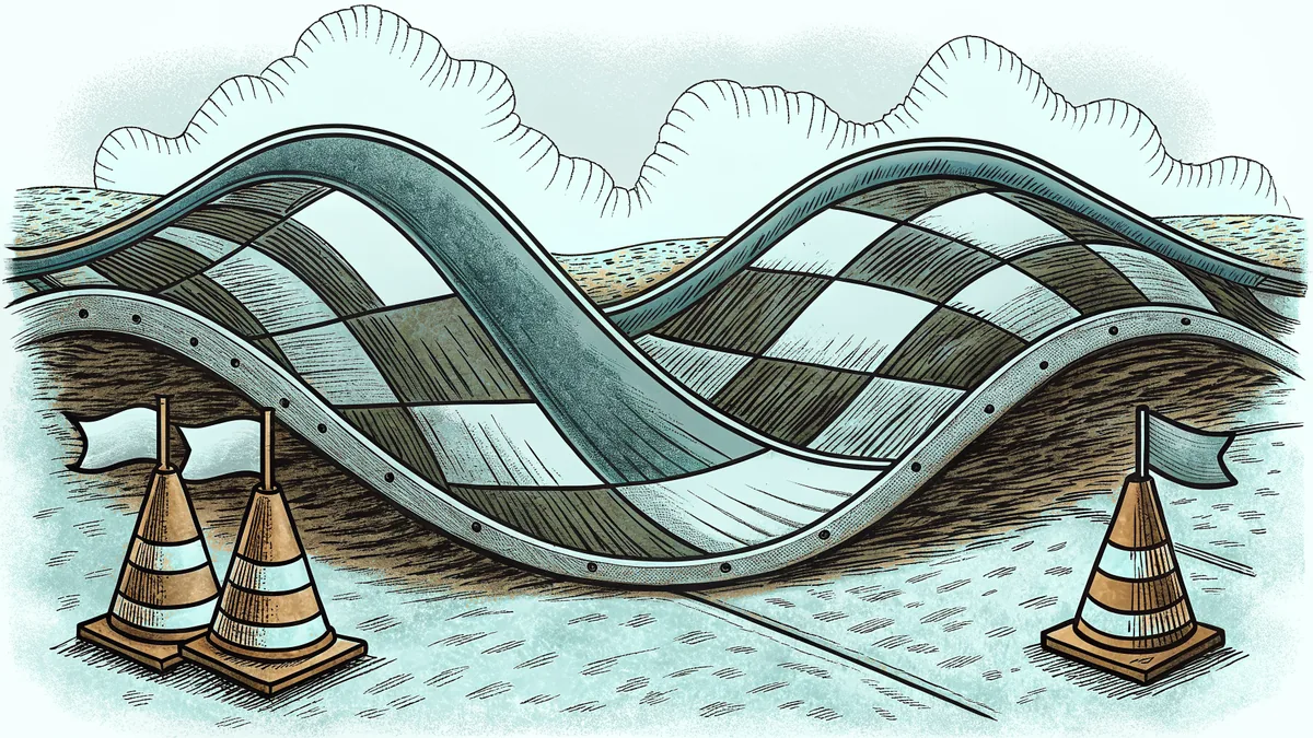 A looping racetrack ramp curving over bright green hills beneath open sky.