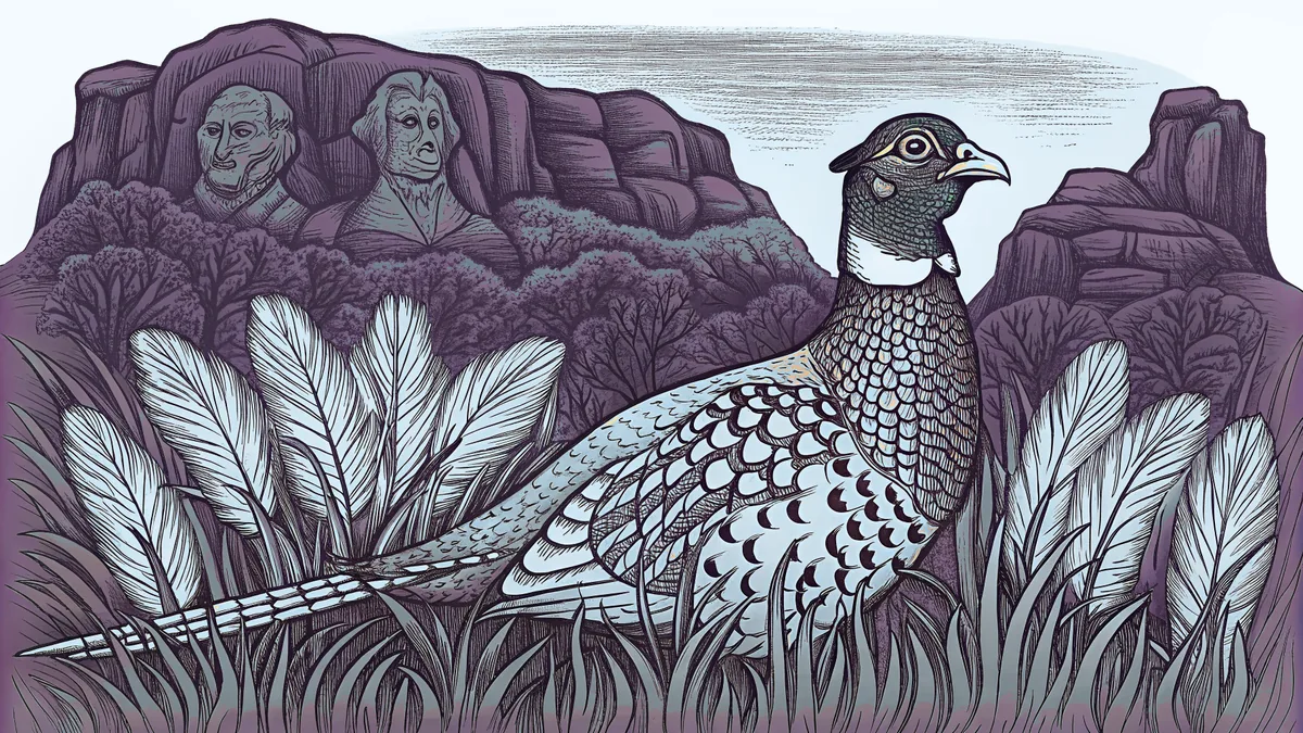 A pheasant stands in golden grassland beneath Mount Rushmore and distant peaks.