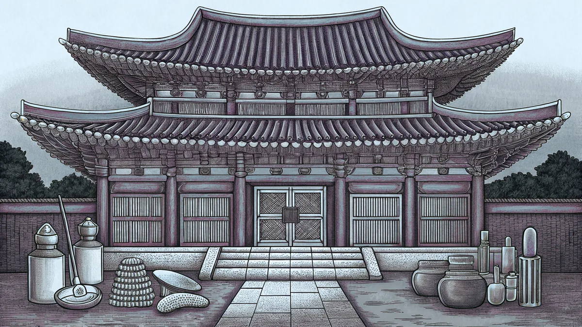 A Korean temple stands near traditional cosmetics and ginseng arranged on shelves