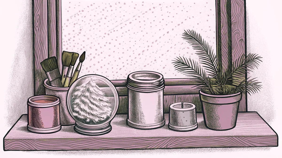 Paint pots and brushes rest beside a snow globe on a windowsill.