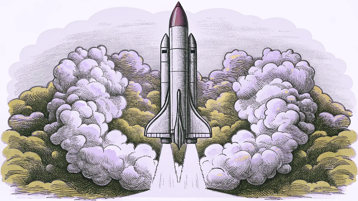 A silver rocket launches toward the stars with a lunar lander in orbit.