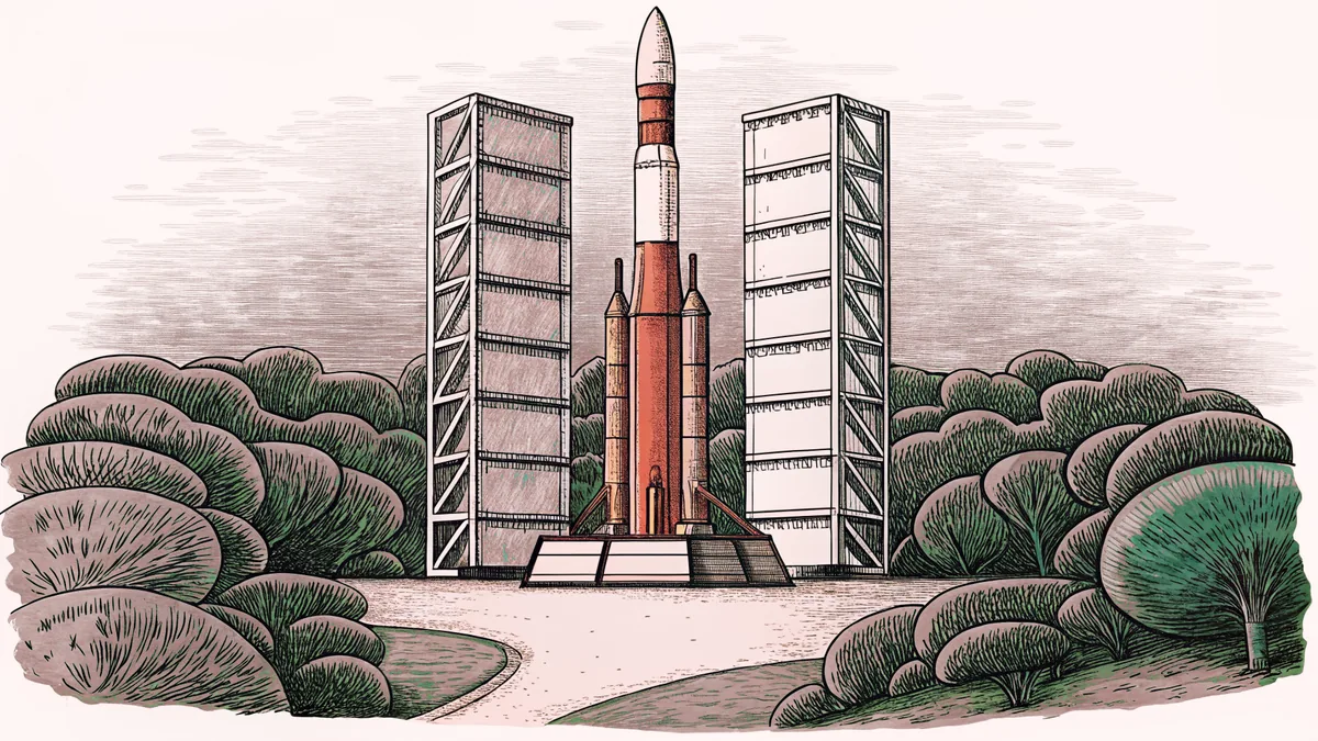 A white rocket stands on its launch platform surrounded by gantry structures and facilities.